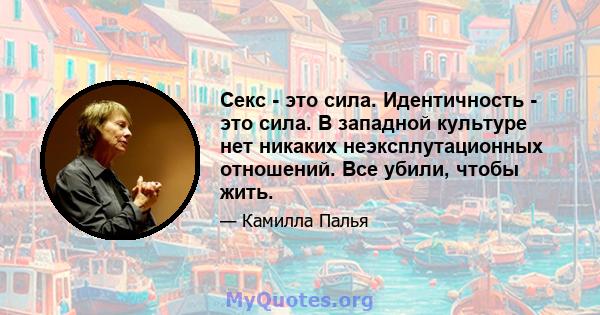 Секс - это сила. Идентичность - это сила. В западной культуре нет никаких неэксплутационных отношений. Все убили, чтобы жить.