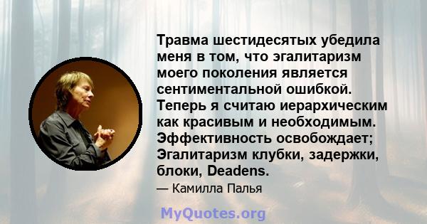 Травма шестидесятых убедила меня в том, что эгалитаризм моего поколения является сентиментальной ошибкой. Теперь я считаю иерархическим как красивым и необходимым. Эффективность освобождает; Эгалитаризм клубки,