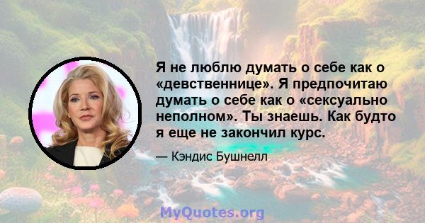 Я не люблю думать о себе как о «девственнице». Я предпочитаю думать о себе как о «сексуально неполном». Ты знаешь. Как будто я еще не закончил курс.