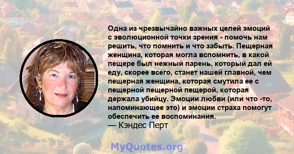 Одна из чрезвычайно важных целей эмоций с эволюционной точки зрения - помочь нам решить, что помнить и что забыть. Пещерная женщина, которая могла вспомнить, в какой пещере был нежный парень, который дал ей еду, скорее