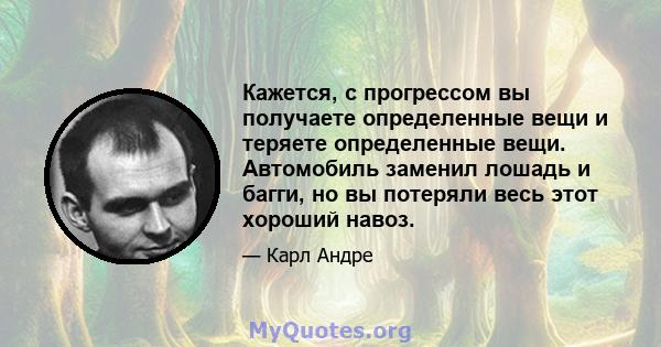 Кажется, с прогрессом вы получаете определенные вещи и теряете определенные вещи. Автомобиль заменил лошадь и багги, но вы потеряли весь этот хороший навоз.