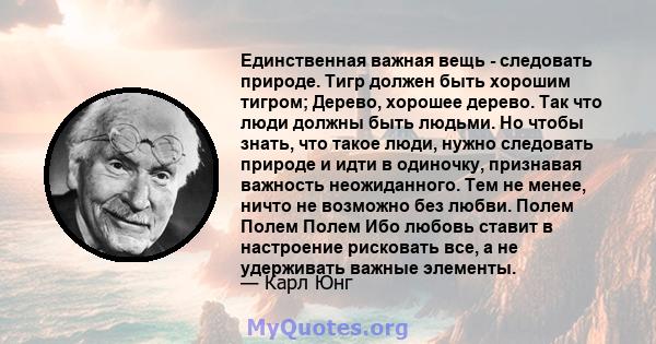 Единственная важная вещь - следовать природе. Тигр должен быть хорошим тигром; Дерево, хорошее дерево. Так что люди должны быть людьми. Но чтобы знать, что такое люди, нужно следовать природе и идти в одиночку,