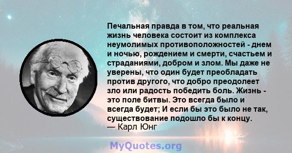 Печальная правда в том, что реальная жизнь человека состоит из комплекса неумолимых противоположностей - днем ​​и ночью, рождением и смерти, счастьем и страданиями, добром и злом. Мы даже не уверены, что один будет