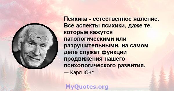 Психика - естественное явление. Все аспекты психики, даже те, которые кажутся патологическими или разрушительными, на самом деле служат функции продвижения нашего психологического развития.