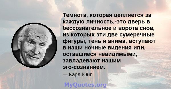 Темнота, которая цепляется за каждую личность,-это дверь в бессознательное и ворота снов, из которых эти две сумеречные фигуры, тень и анима, вступают в наши ночные видения или, оставшиеся невидимыми, завладевают нашим