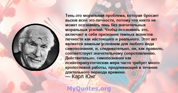 Тень-это моральная проблема, которая бросает вызов всей эго-личности, потому что никто не может осознавать тень без значительных моральных усилий. Чтобы осознавать это, включает в себя признание темных аспектов личности 