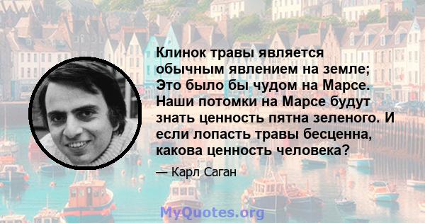 Клинок травы является обычным явлением на земле; Это было бы чудом на Марсе. Наши потомки на Марсе будут знать ценность пятна зеленого. И если лопасть травы бесценна, какова ценность человека?