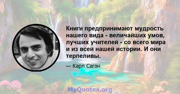 Книги предпринимают мудрость нашего вида - величайших умов, лучших учителей - со всего мира и из всей нашей истории. И они терпеливы.