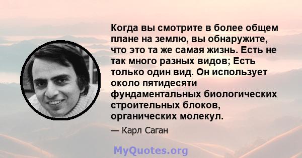 Когда вы смотрите в более общем плане на землю, вы обнаружите, что это та же самая жизнь. Есть не так много разных видов; Есть только один вид. Он использует около пятидесяти фундаментальных биологических строительных