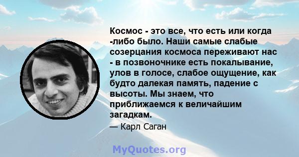 Космос - это все, что есть или когда -либо было. Наши самые слабые созерцания космоса переживают нас - в позвоночнике есть покалывание, улов в голосе, слабое ощущение, как будто далекая память, падение с высоты. Мы