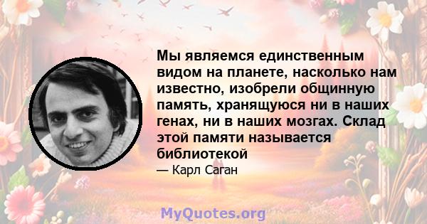 Мы являемся единственным видом на планете, насколько нам известно, изобрели общинную память, хранящуюся ни в наших генах, ни в наших мозгах. Склад этой памяти называется библиотекой