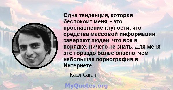 Одна тенденция, которая беспокоит меня, - это прославление глупости, что средства массовой информации заверяют людей, что все в порядке, ничего не знать. Для меня это гораздо более опасно, чем небольшая порнография в