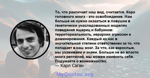 То, что различает наш вид, считается. Кора головного мозга - это освобождение. Нам больше не нужно оказаться в ловушке в генетически унаследованных моделях поведения ящериц и бабуинов: территориальность, иерархии