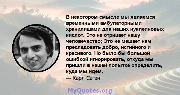 В некотором смысле мы являемся временными амбулаторными хранилищами для наших нуклеиновых кислот. Это не отрицает нашу человечество; Это не мешает нам преследовать добро, истинного и красивого. Но было бы большой