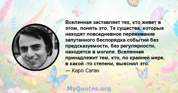 Вселенная заставляет тех, кто живет в этом, понять это. Те существа, которые находят повседневное переживание запутанного беспорядка событий без предсказуемости, без регулярности, находятся в могиле. Вселенная