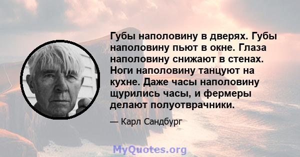 Губы наполовину в дверях. Губы наполовину пьют в окне. Глаза наполовину снижают в стенах. Ноги наполовину танцуют на кухне. Даже часы наполовину щурились часы, и фермеры делают полуотврачники.