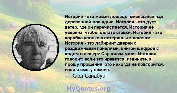 История - это живая лошадь, смеящаяся над деревянной лошадью. История - это дует ветер, где он перечисляется. История не уверена, чтобы делать ставки. История - это коробка уловки с потерянным ключом. История - это