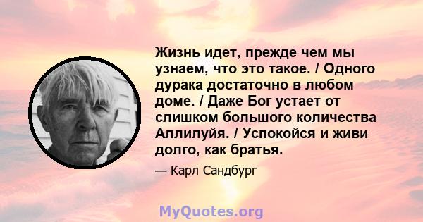 Жизнь идет, прежде чем мы узнаем, что это такое. / Одного дурака достаточно в любом доме. / Даже Бог устает от слишком большого количества Аллилуйя. / Успокойся и живи долго, как братья.