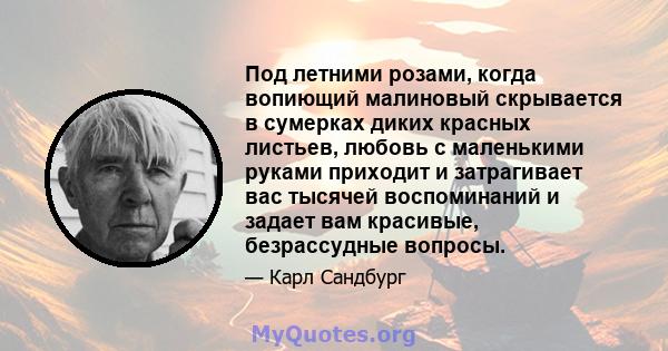 Под летними розами, когда вопиющий малиновый скрывается в сумерках диких красных листьев, любовь с маленькими руками приходит и затрагивает вас тысячей воспоминаний и задает вам красивые, безрассудные вопросы.