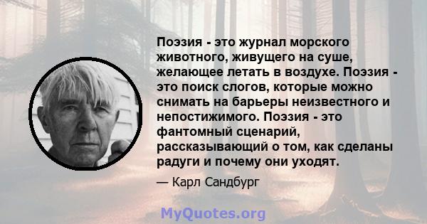 Поэзия - это журнал морского животного, живущего на суше, желающее летать в воздухе. Поэзия - это поиск слогов, которые можно снимать на барьеры неизвестного и непостижимого. Поэзия - это фантомный сценарий,