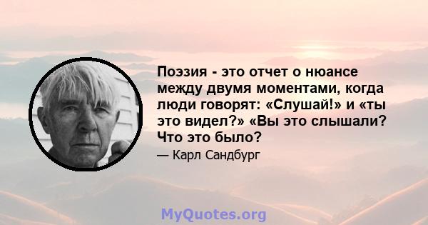 Поэзия - это отчет о нюансе между двумя моментами, когда люди говорят: «Слушай!» и «ты это видел?» «Вы это слышали? Что это было?