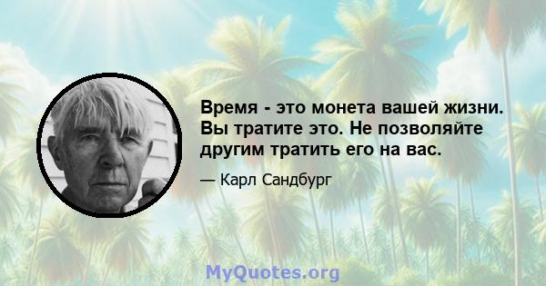 Время - это монета вашей жизни. Вы тратите это. Не позволяйте другим тратить его на вас.