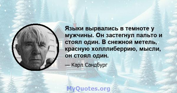 Языки вырвались в темноте у мужчины. Он застегнул пальто и стоял один. В снежной метель, красную холллиберрию, мысли, он стоял один.