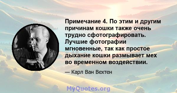 Примечание 4. По этим и другим причинам кошки также очень трудно сфотографировать. Лучшие фотографии мгновенные, так как простое дыхание кошки размывает мех во временном воздействии.