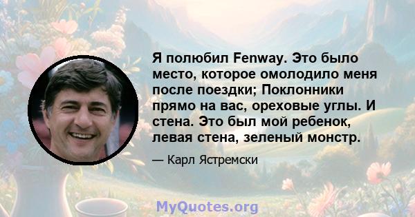 Я полюбил Fenway. Это было место, которое омолодило меня после поездки; Поклонники прямо на вас, ореховые углы. И стена. Это был мой ребенок, левая стена, зеленый монстр.