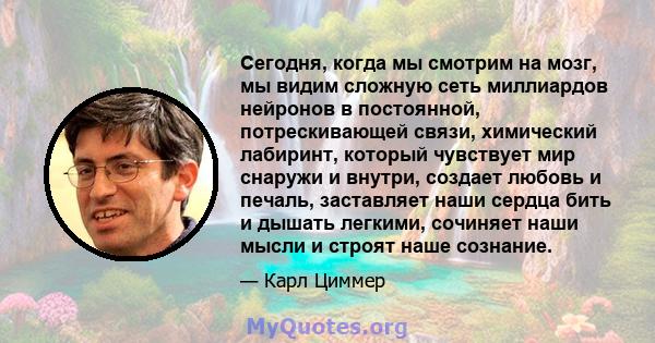 Сегодня, когда мы смотрим на мозг, мы видим сложную сеть миллиардов нейронов в постоянной, потрескивающей связи, химический лабиринт, который чувствует мир снаружи и внутри, создает любовь и печаль, заставляет наши