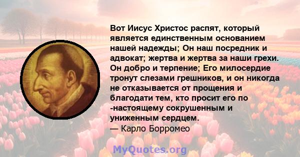 Вот Иисус Христос распят, который является единственным основанием нашей надежды; Он наш посредник и адвокат; жертва и жертва за наши грехи. Он добро и терпение; Его милосердие тронут слезами грешников, и он никогда не