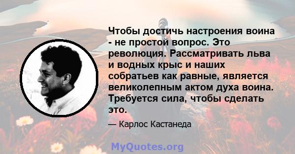 Чтобы достичь настроения воина - не простой вопрос. Это революция. Рассматривать льва и водных крыс и наших собратьев как равные, является великолепным актом духа воина. Требуется сила, чтобы сделать это.