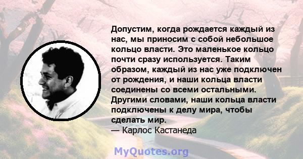 Допустим, когда рождается каждый из нас, мы приносим с собой небольшое кольцо власти. Это маленькое кольцо почти сразу используется. Таким образом, каждый из нас уже подключен от рождения, и наши кольца власти соединены 