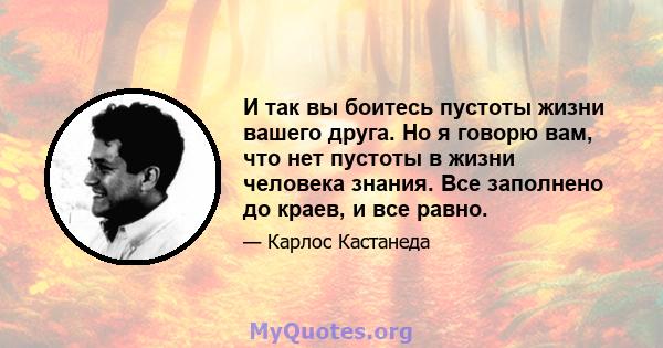 И так вы боитесь пустоты жизни вашего друга. Но я говорю вам, что нет пустоты в жизни человека знания. Все заполнено до краев, и все равно.