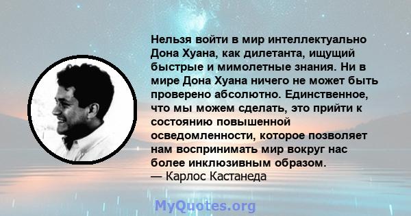 Нельзя войти в мир интеллектуально Дона Хуана, как дилетанта, ищущий быстрые и мимолетные знания. Ни в мире Дона Хуана ничего не может быть проверено абсолютно. Единственное, что мы можем сделать, это прийти к состоянию 