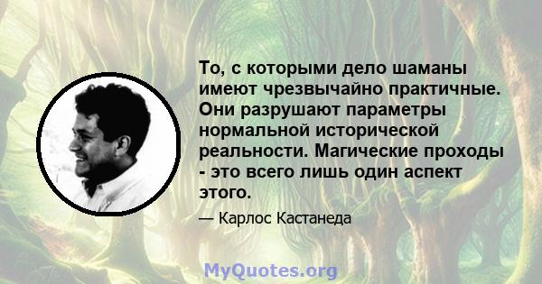 То, с которыми дело шаманы имеют чрезвычайно практичные. Они разрушают параметры нормальной исторической реальности. Магические проходы - это всего лишь один аспект этого.