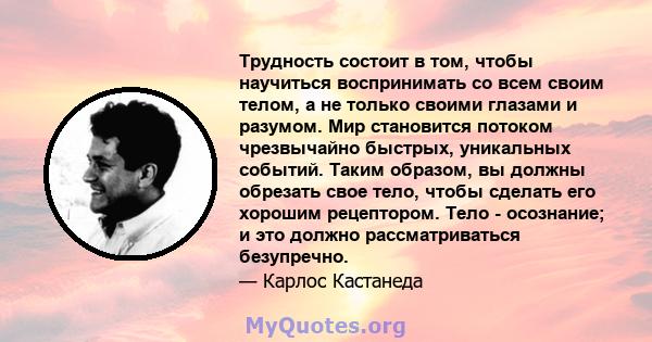 Трудность состоит в том, чтобы научиться воспринимать со всем своим телом, а не только своими глазами и разумом. Мир становится потоком чрезвычайно быстрых, уникальных событий. Таким образом, вы должны обрезать свое