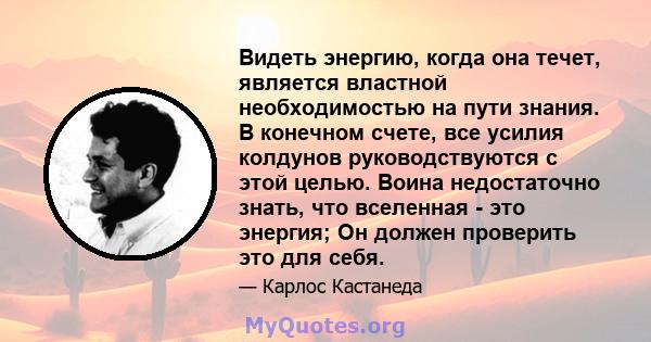 Видеть энергию, когда она течет, является властной необходимостью на пути знания. В конечном счете, все усилия колдунов руководствуются с этой целью. Воина недостаточно знать, что вселенная - это энергия; Он должен