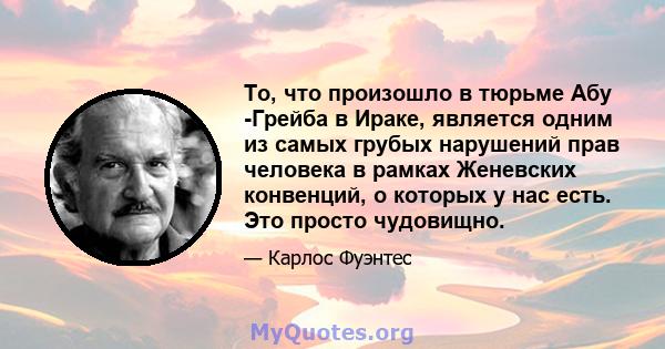 То, что произошло в тюрьме Абу -Грейба в Ираке, является одним из самых грубых нарушений прав человека в рамках Женевских конвенций, о которых у нас есть. Это просто чудовищно.