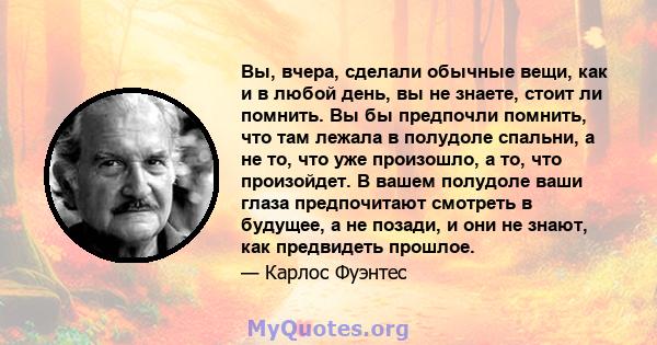 Вы, вчера, сделали обычные вещи, как и в любой день, вы не знаете, стоит ли помнить. Вы бы предпочли помнить, что там лежала в полудоле спальни, а не то, что уже произошло, а то, что произойдет. В вашем полудоле ваши