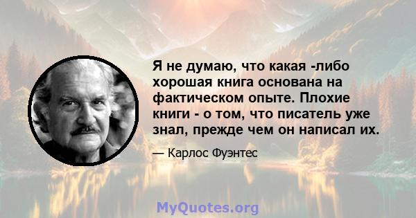 Я не думаю, что какая -либо хорошая книга основана на фактическом опыте. Плохие книги - о том, что писатель уже знал, прежде чем он написал их.