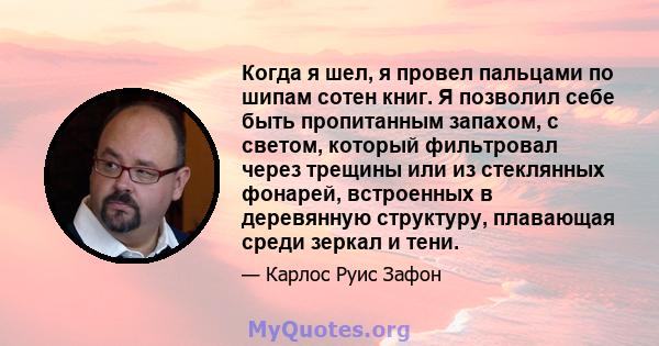 Когда я шел, я провел пальцами по шипам сотен книг. Я позволил себе быть пропитанным запахом, с светом, который фильтровал через трещины или из стеклянных фонарей, встроенных в деревянную структуру, плавающая среди