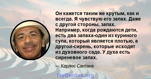 Он кажется таким же крутым, как и всегда. Я чувствую его запах. Даже с другой стороны, запах. Например, когда рождаются дети, есть два запаха-один из куриного супа, который является плотью, а другой-сирень, которые