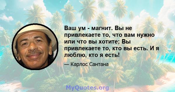 Ваш ум - магнит. Вы не привлекаете то, что вам нужно или что вы хотите; Вы привлекаете то, кто вы есть. И я люблю, кто я есть!