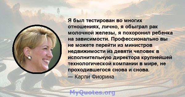 Я был тестирован во многих отношениях, лично, я обыграл рак молочной железы, я похоронил ребенка на зависимости. Профессионально вы не можете перейти из министров недвижимости из девяти человек в исполнительную