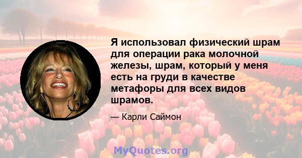 Я использовал физический шрам для операции рака молочной железы, шрам, который у меня есть на груди в качестве метафоры для всех видов шрамов.