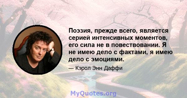 Поэзия, прежде всего, является серией интенсивных моментов, его сила не в повествовании. Я не имею дело с фактами, я имею дело с эмоциями.