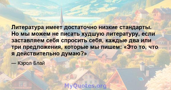 Литература имеет достаточно низкие стандарты. Но мы можем не писать худшую литературу, если заставляем себя спросить себя, каждые два или три предложения, которые мы пишем: «Это то, что я действительно думаю?»