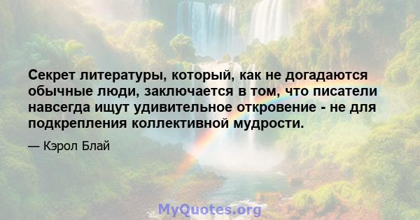 Секрет литературы, который, как не догадаются обычные люди, заключается в том, что писатели навсегда ищут удивительное откровение - не для подкрепления коллективной мудрости.