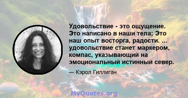 Удовольствие - это ощущение. Это написано в наши тела; Это наш опыт восторга, радости. ... удовольствие станет маркером, компас, указывающий на эмоциональный истинный север.